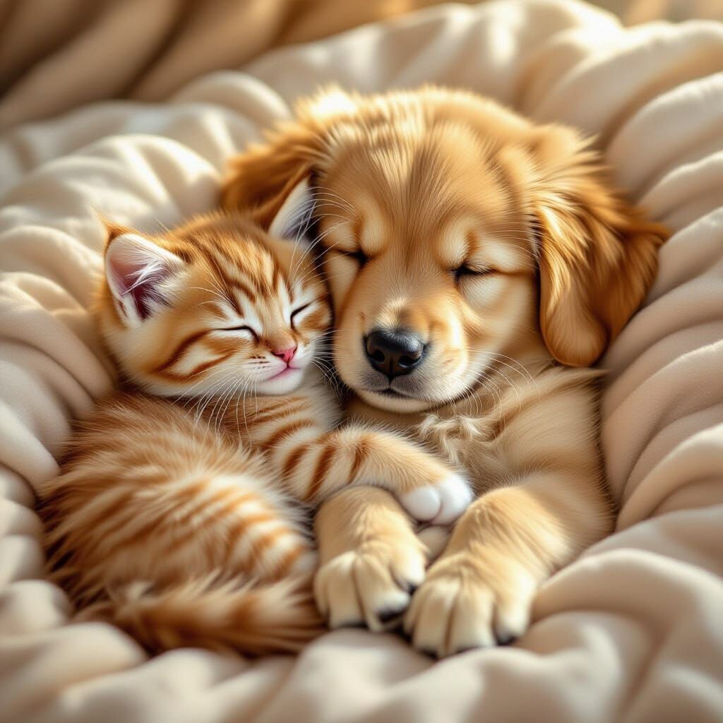 Kitten and Puppy Snuggled Together