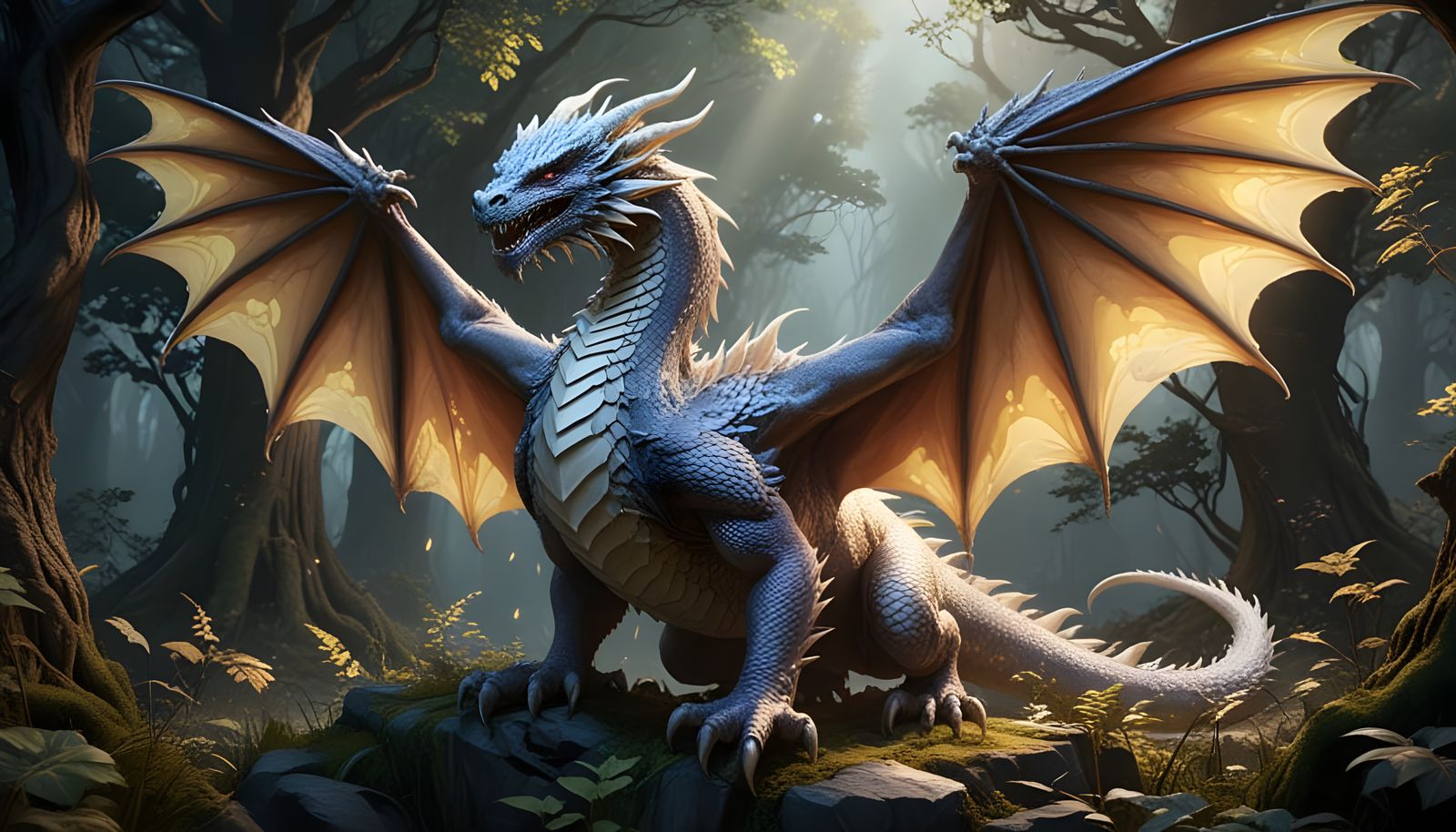 Majestic, Pure White Dragon in Dark Fantasy Forest