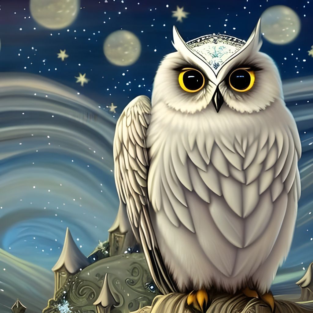 Chibi Snow Owl Portrait Under Starry Night Sky