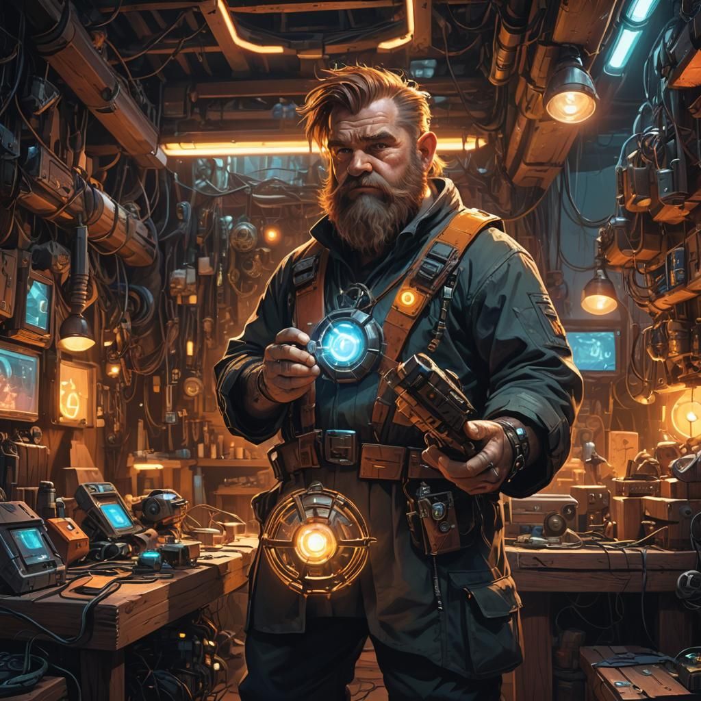 Dwarf Craftsman with Futuristic Toy in Cyberpunk Workshop