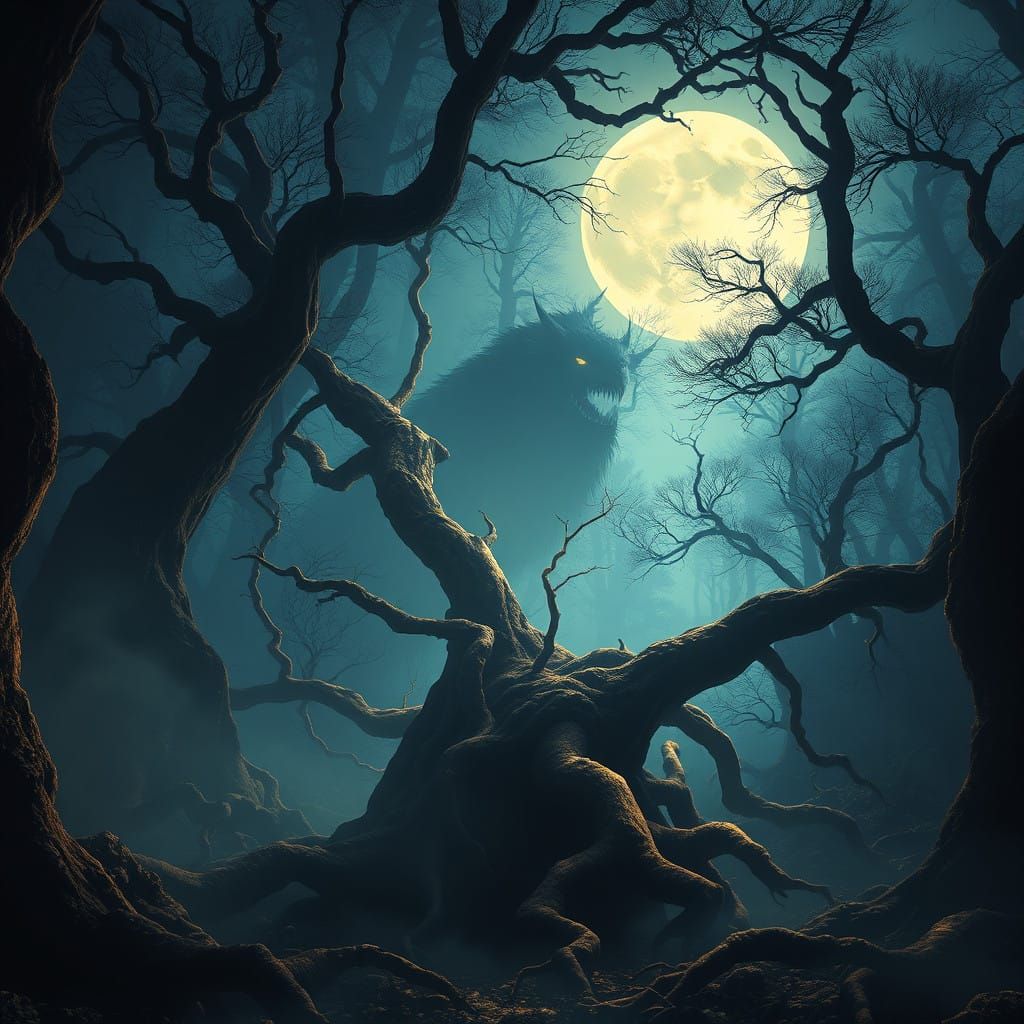 Mystical Beast Emerges in Moonlit Forest