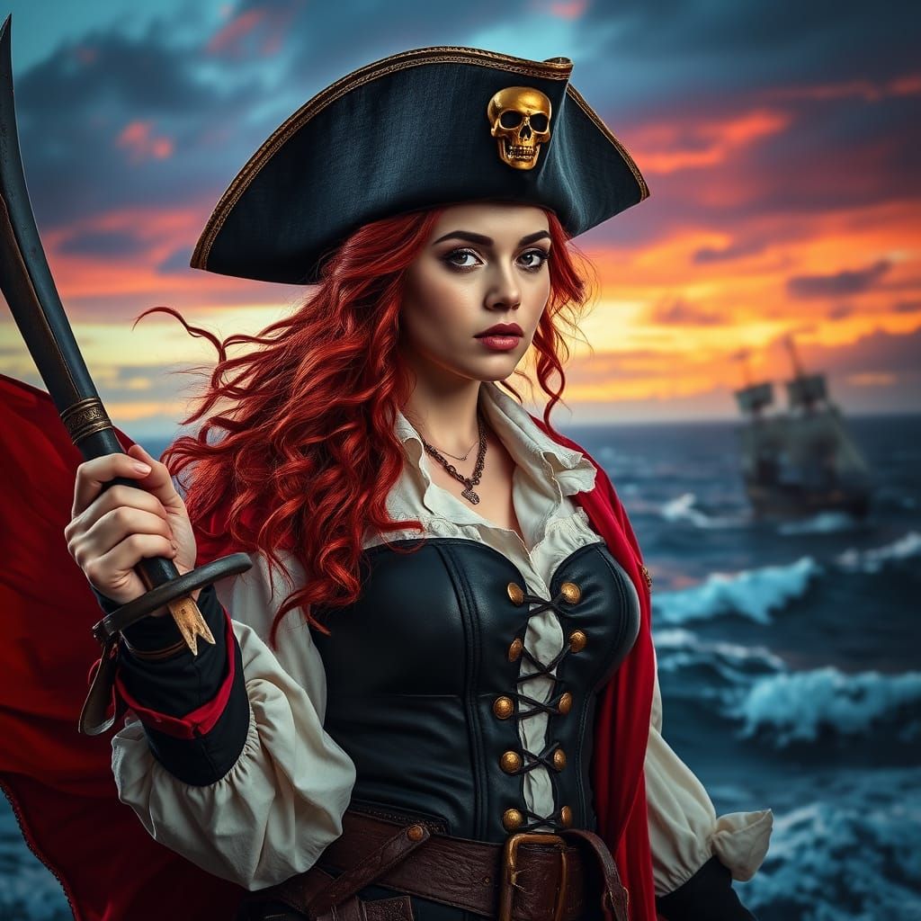Fierce Female Pirate in Dramatic Twilight Seascape