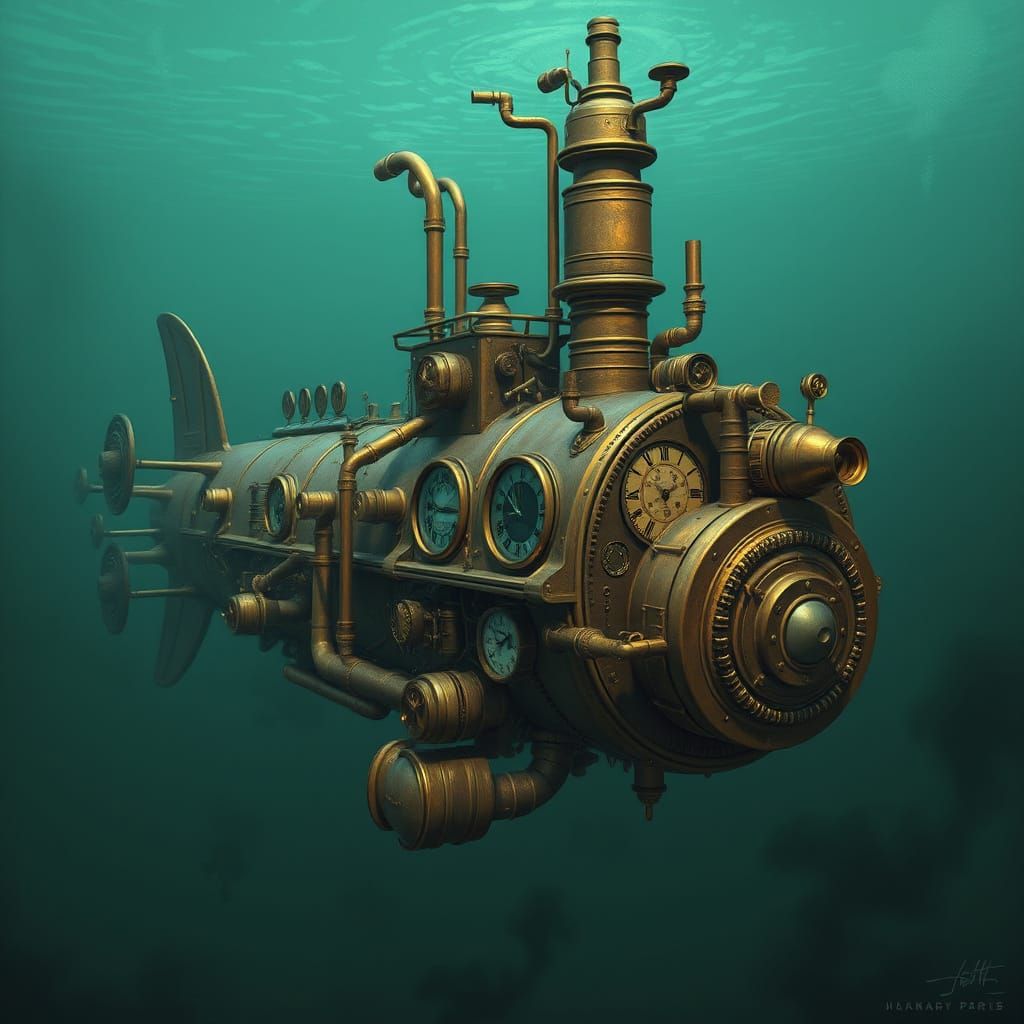 Intricate Steampunk Submarine in Murky Ocean