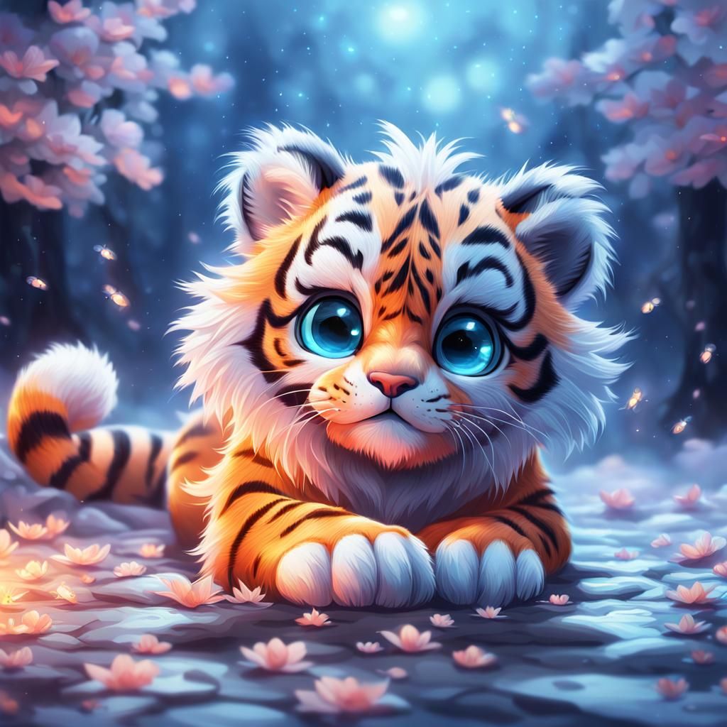 Adorable Tiger Cub with Fireflies in Sakura Garden
