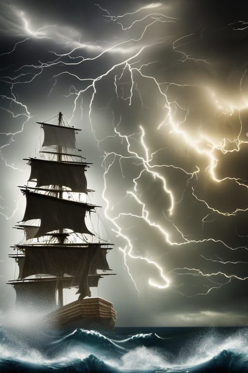 Sailing Ship in Stormy Sea with Lightning