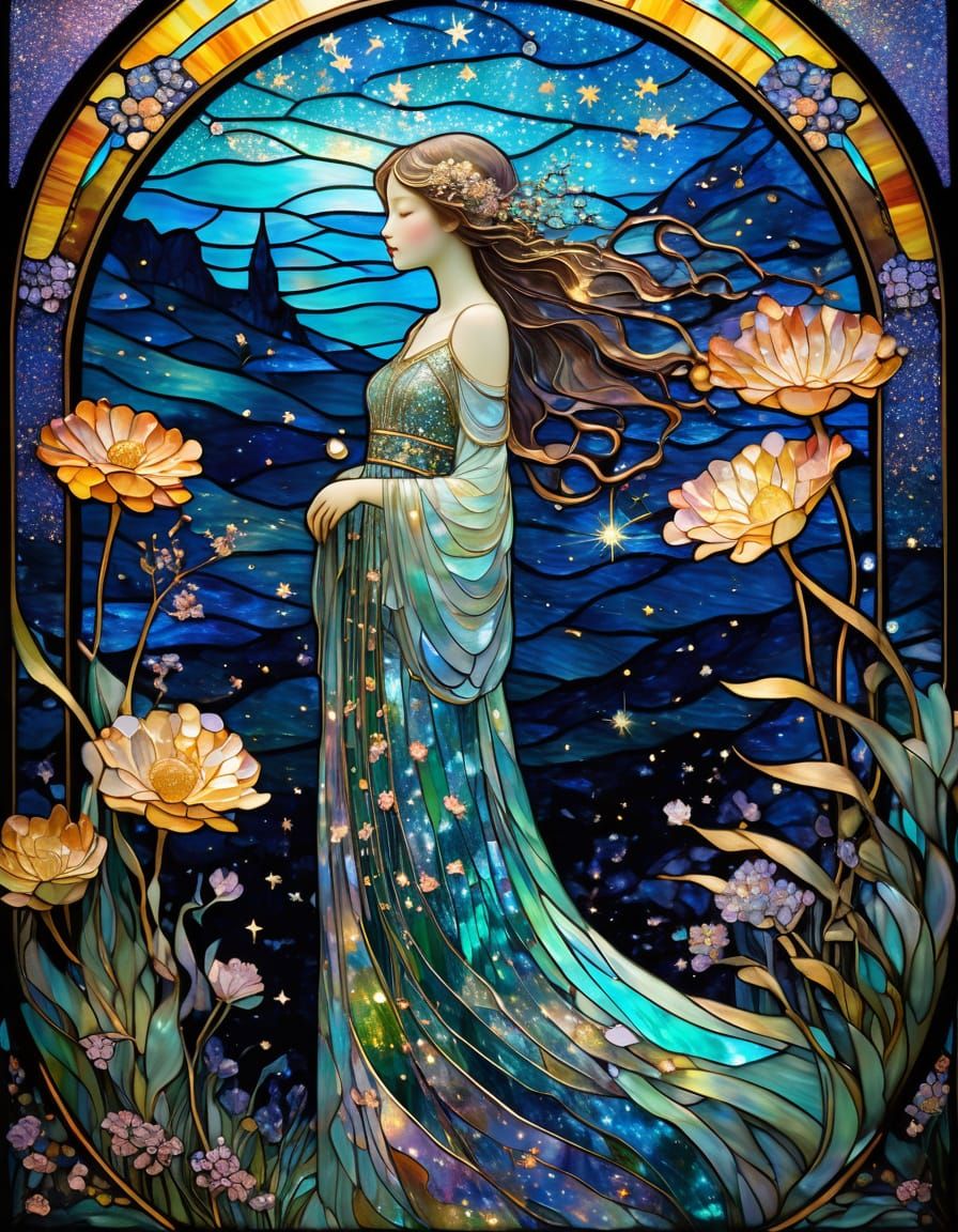 Art Nouveau Stained Glass Fairytale Landscape
