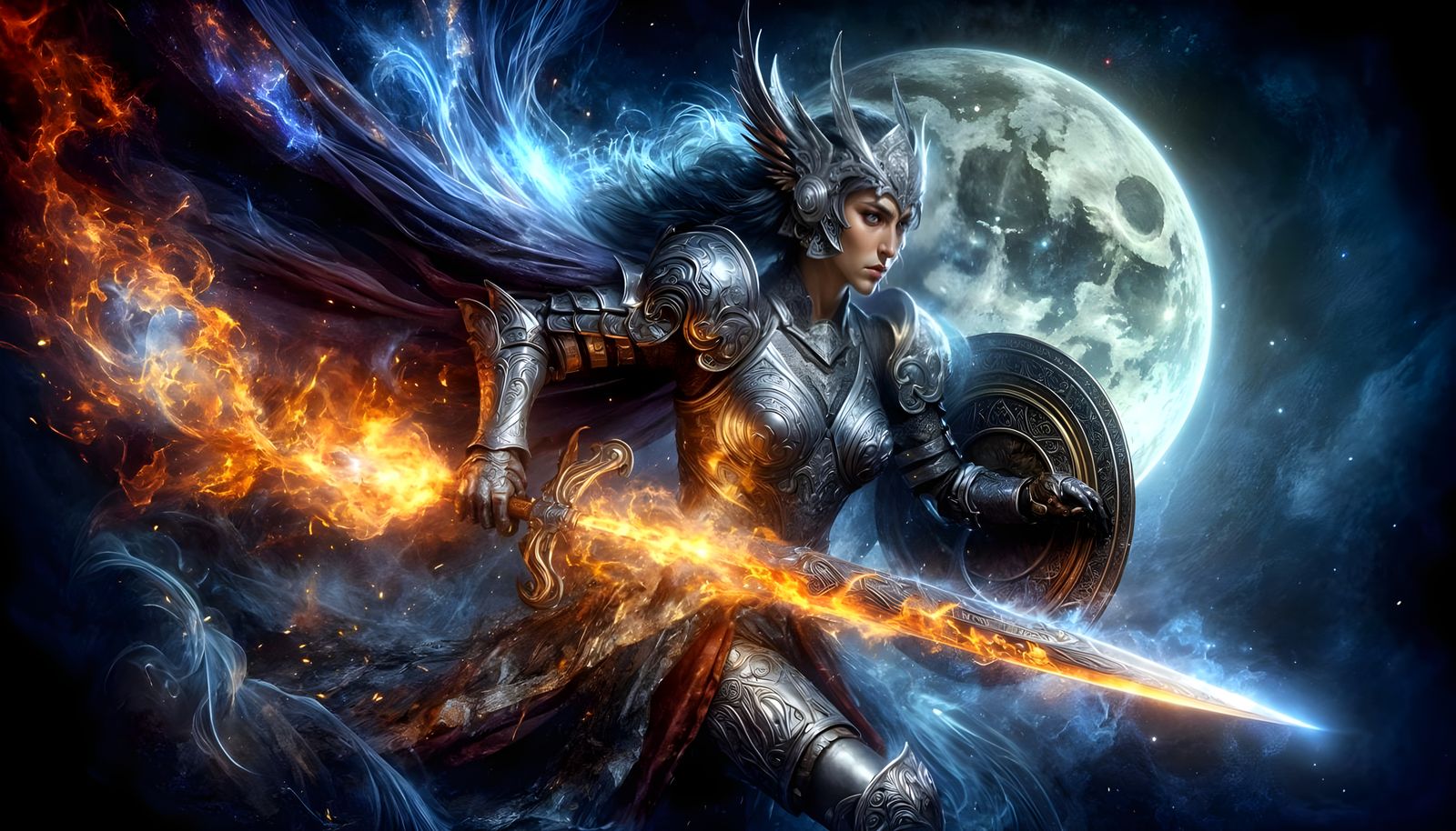 Female warrior fighting with a fire elemental sword