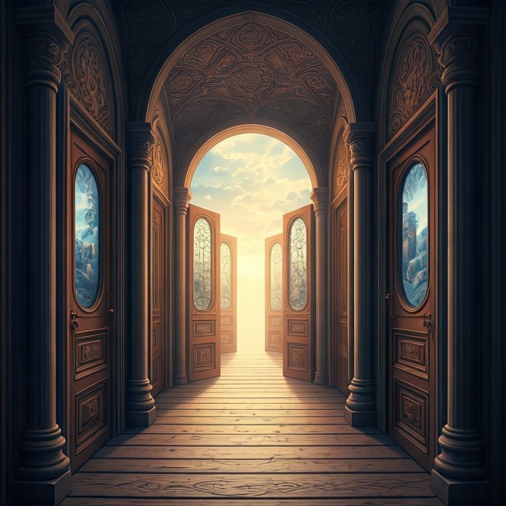 Mystical Hallway to Alternate Realities in Surreal Style