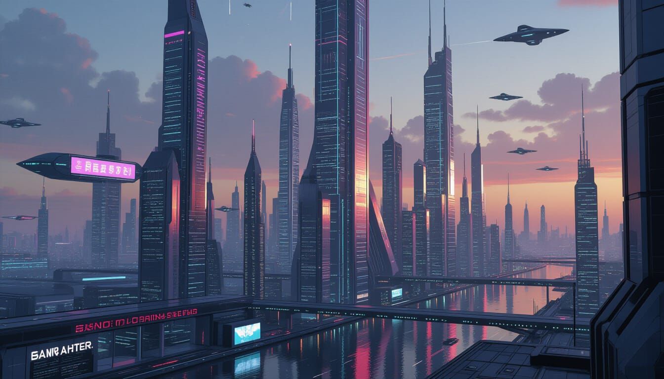 Dystopian Futuristic Cityscape in Cyberpunk Style