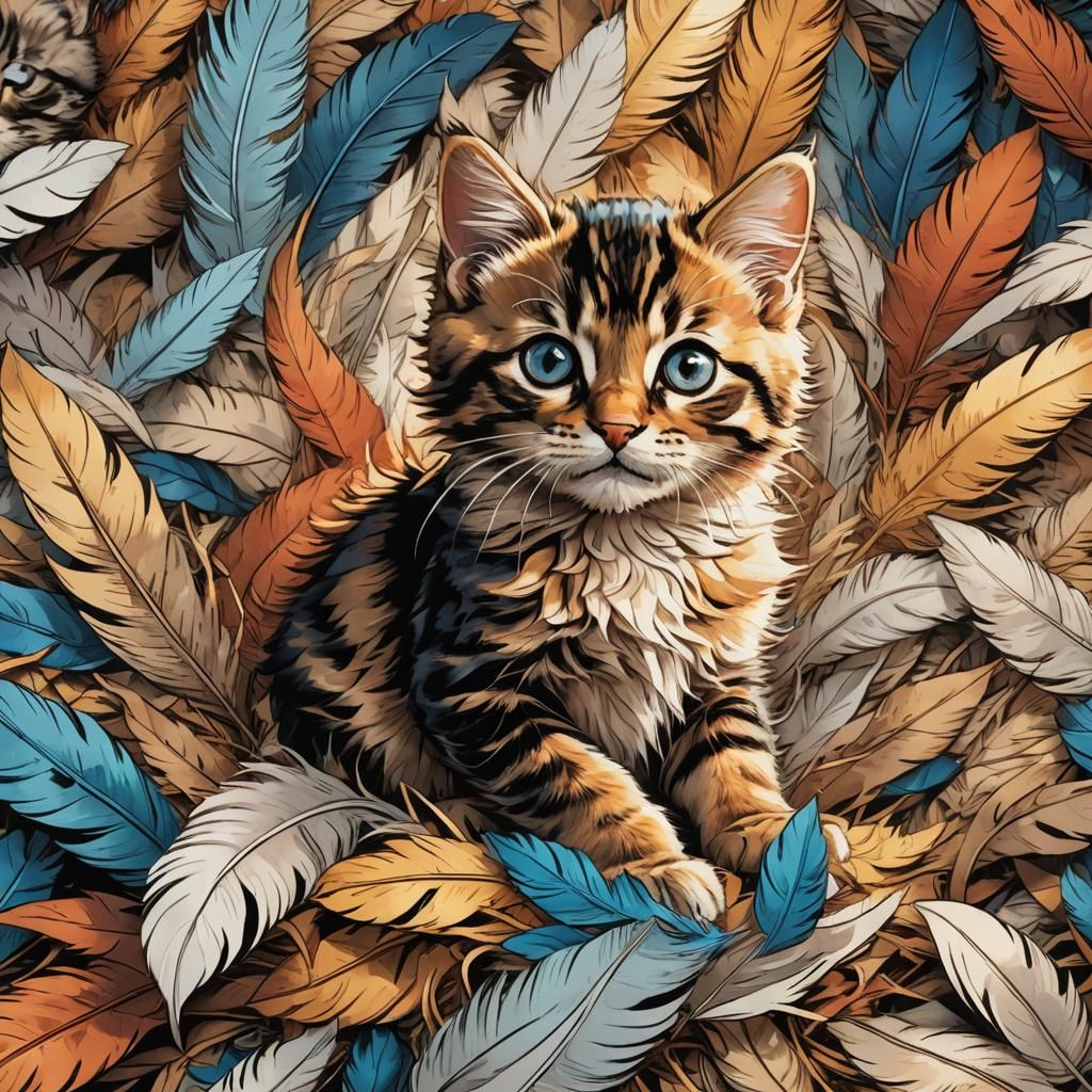 Kitten on Feathers in Comic Book Art Style