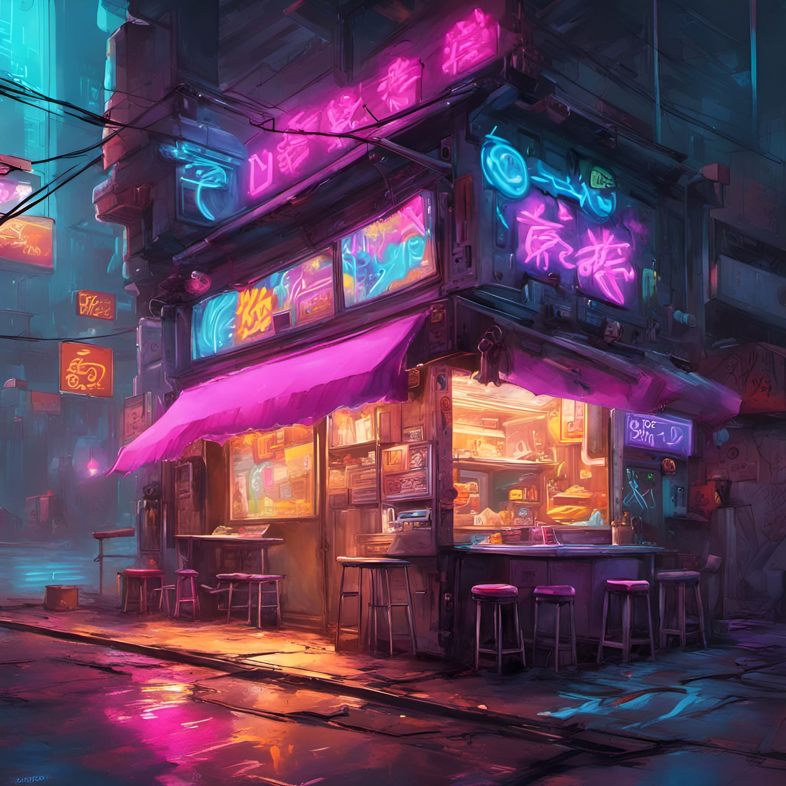 Cyberpunk Noodle Shop with Neon Graffiti Art