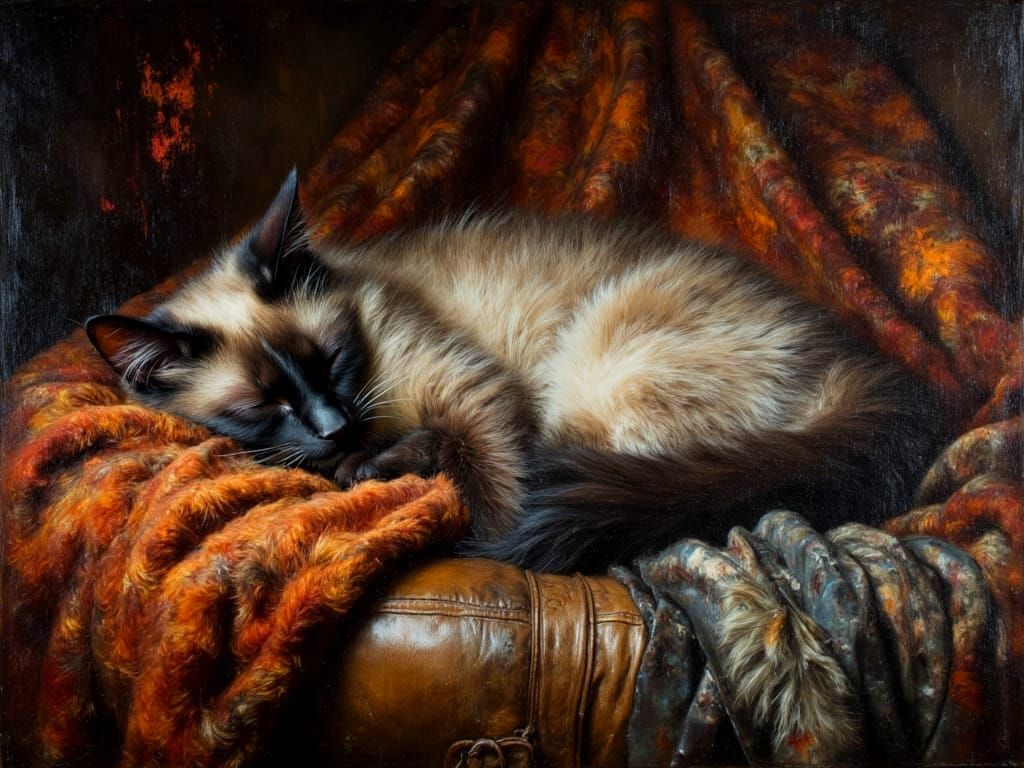 Mischievous Siamese Cat Sleeping on Velvet Blanket