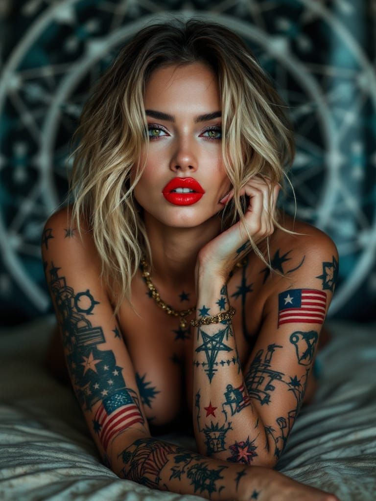 Seductive Model with American Flag Tattoos