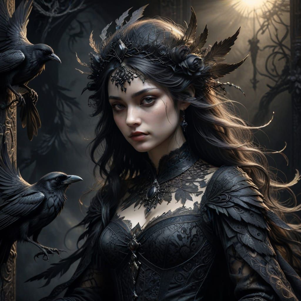 Baroque Raven Queen in Charcoal Drawing