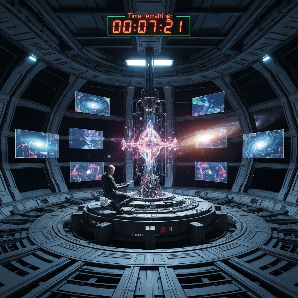 Cybernetic Engineer Repairs Time Device in Orbiting Station