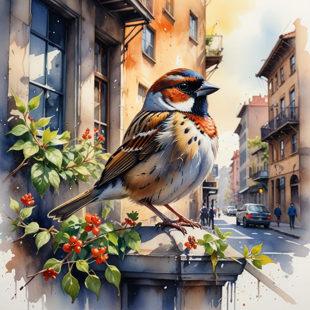 City Sparrow at Noon: Vibrant Watercolor Masterpiece