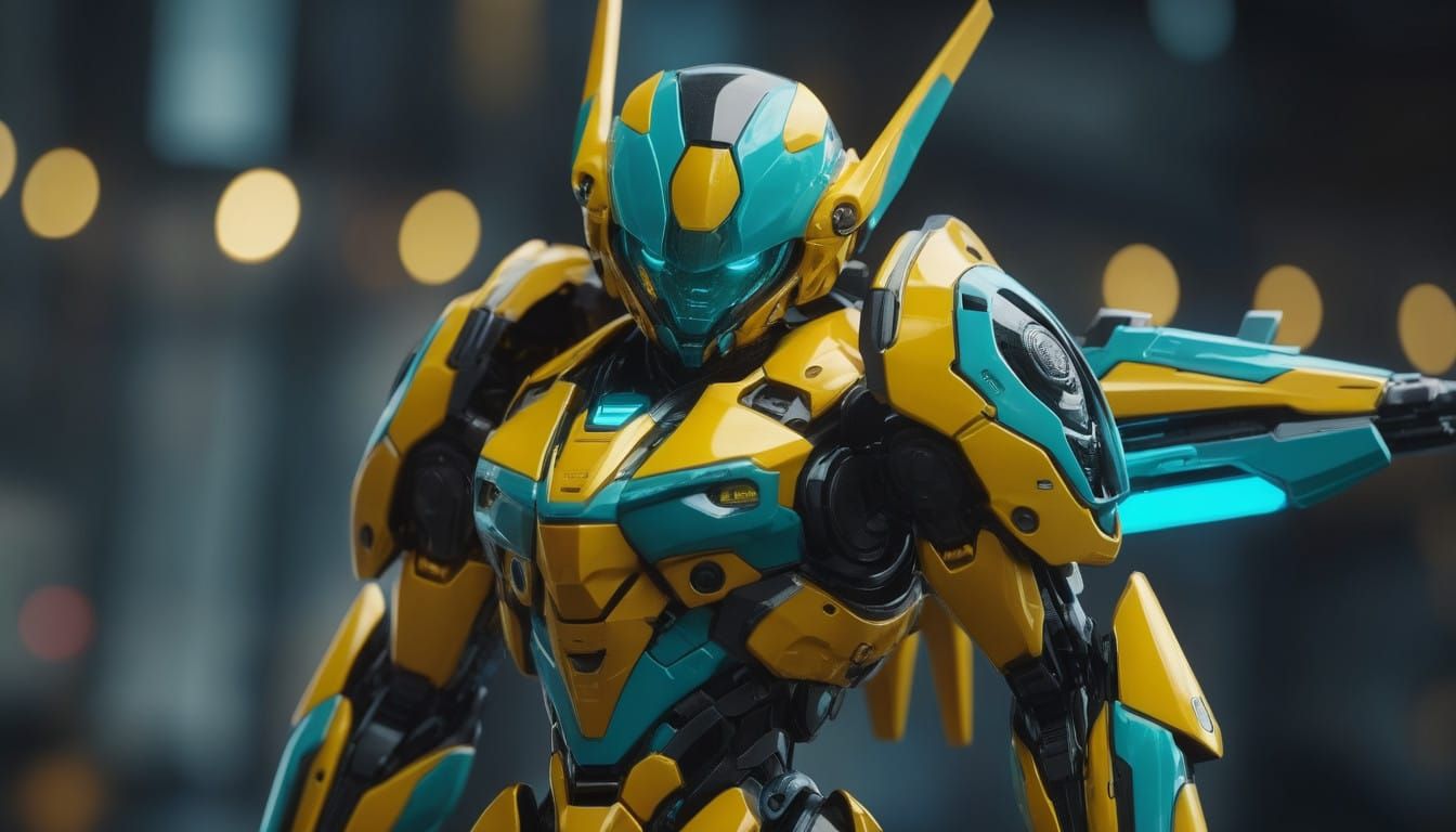 Cyberpunk Combat Gynoid in Neon-Lit Cityscape