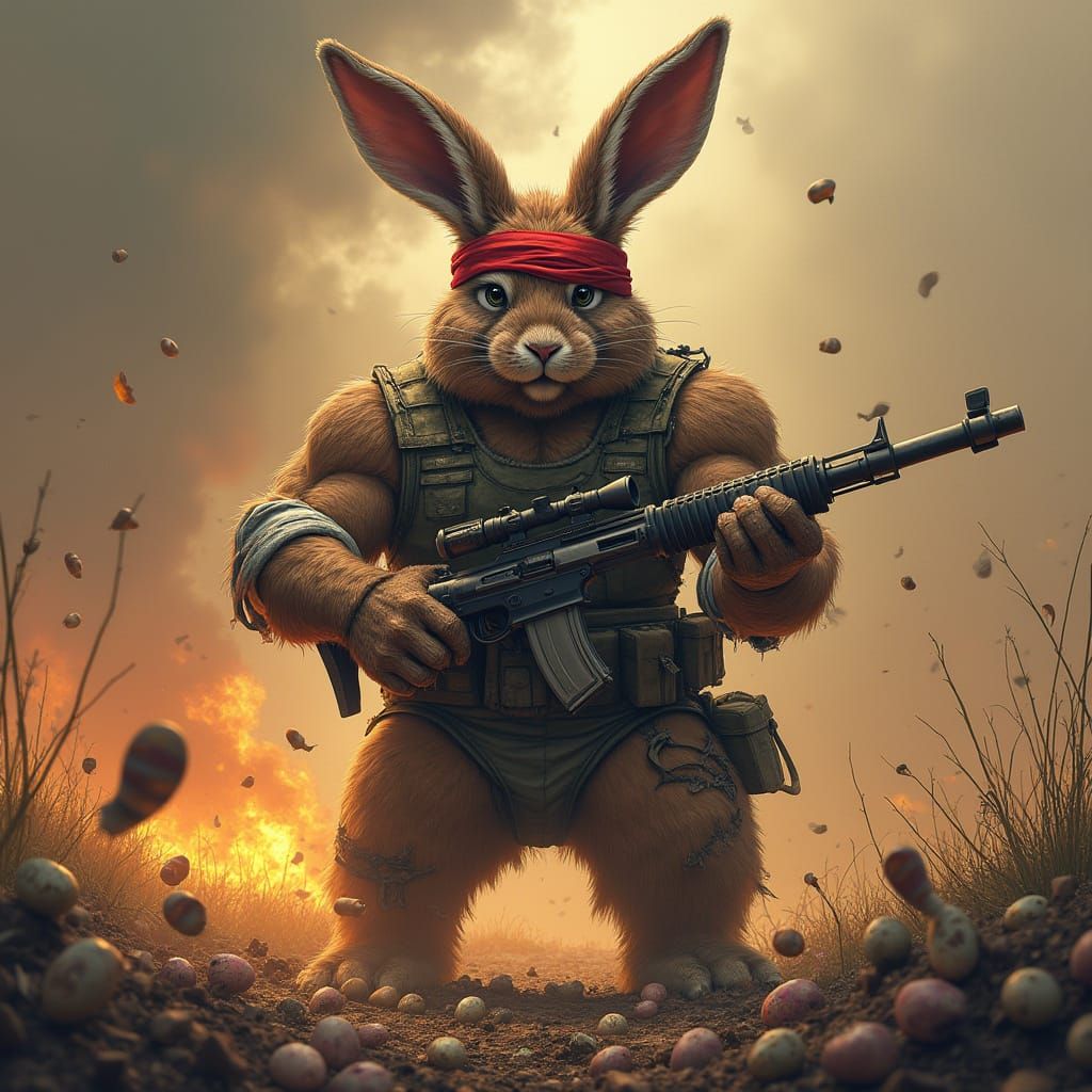 Tough Easter Warrior - Gritty Rambo Bunny in War-Torn Easter...