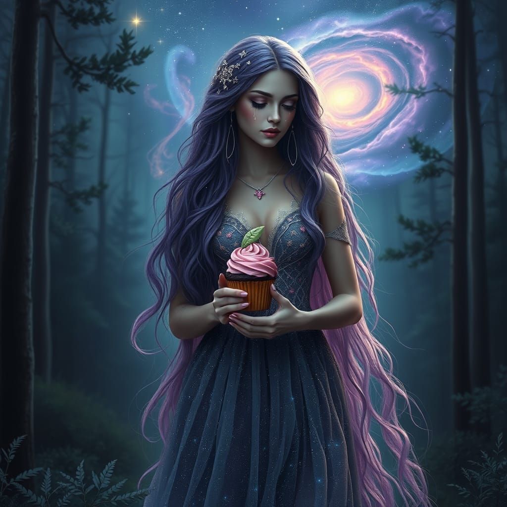 Goddess with Amethyst Hair in Dreamy Forest