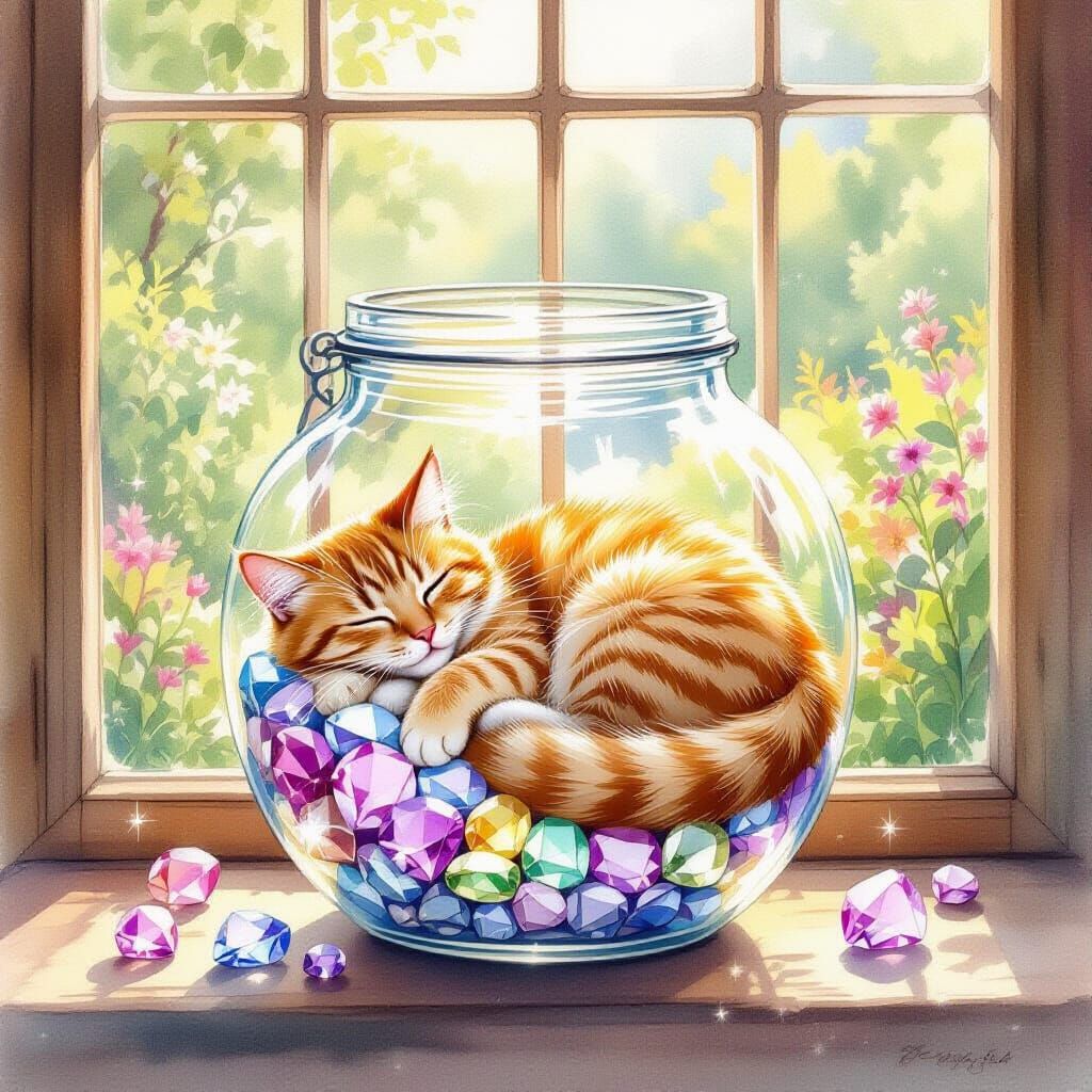 Ginger Cat Asleep in Gem Jar, Dreamy Watercolor