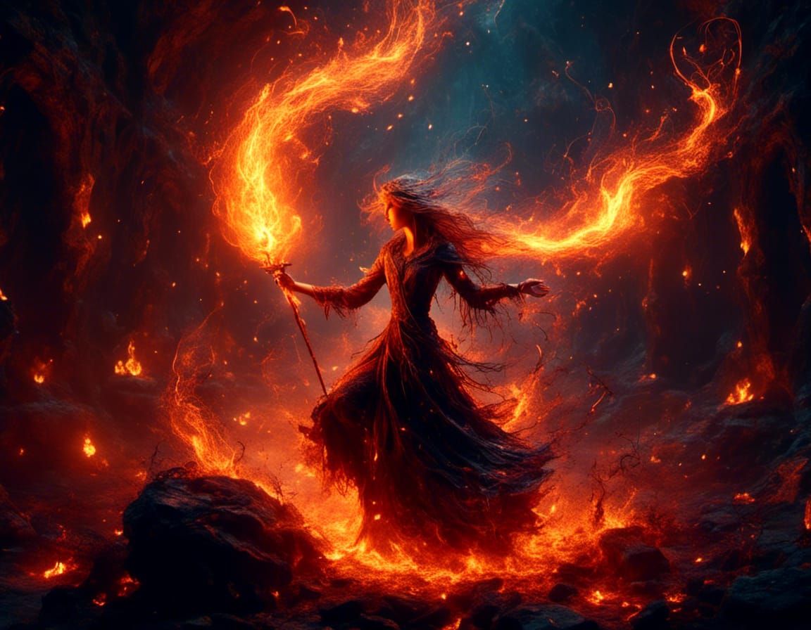 Fiery Woman Gripping Flaming Sword in Cavern