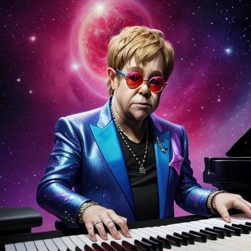Elton John in Pink Sits at Piano - Astral Illustration