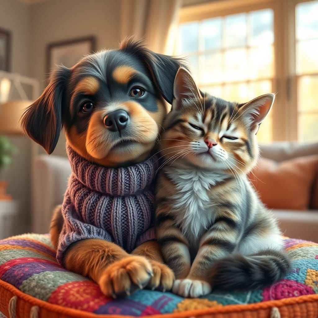 a dog and a cat, both showcasing emotional expressions. The dog, with its fluffy fur, is nuzzling its head against the c...