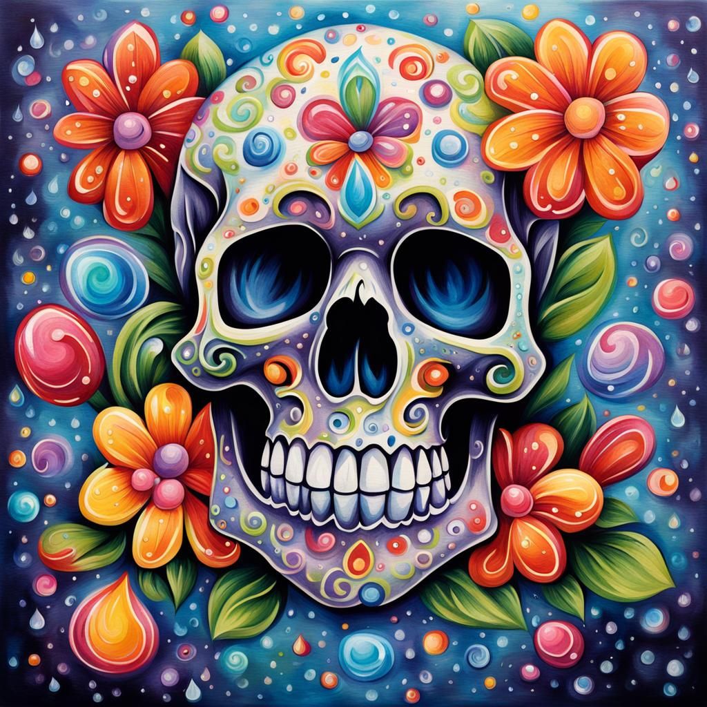 Dew-Kissed Diamond Skull with Vibrant Flowers