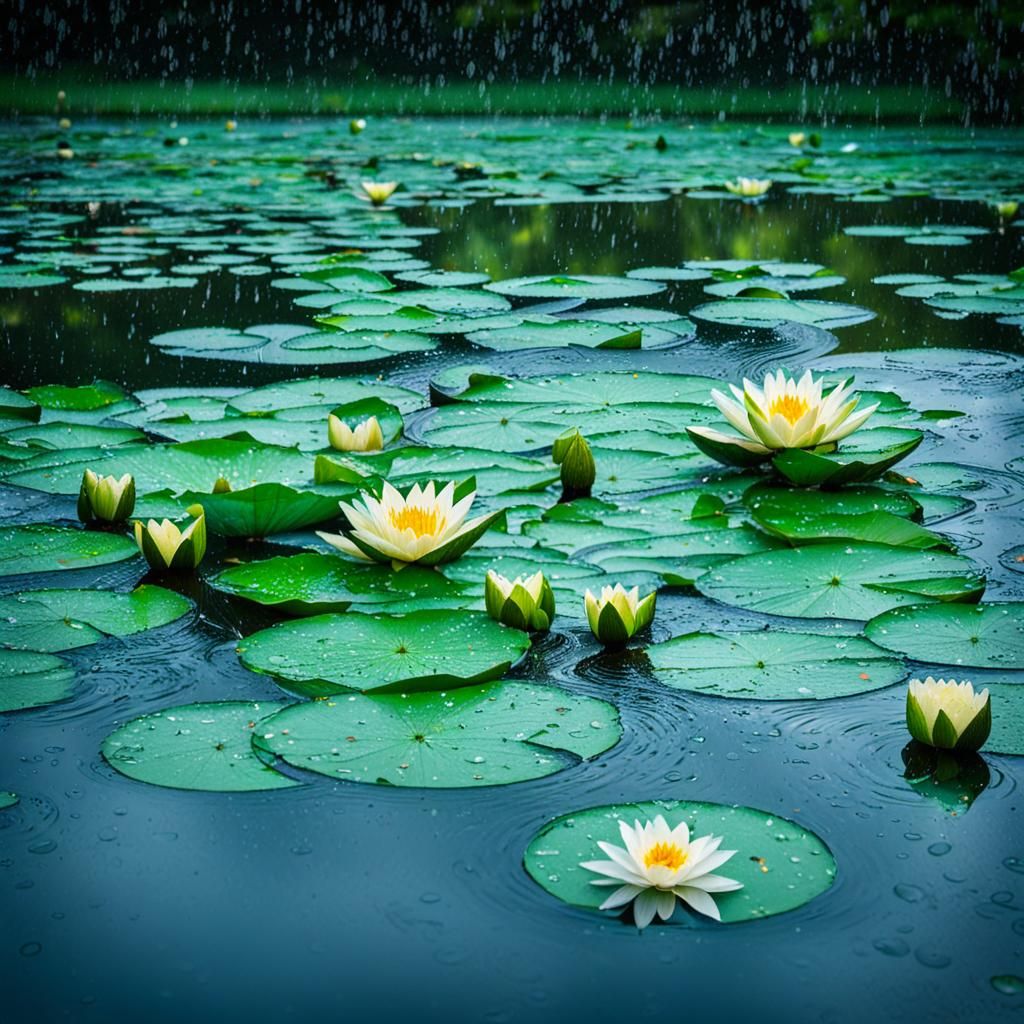 Raindrops on Pond: Water Lilies in Heavy Rainfall