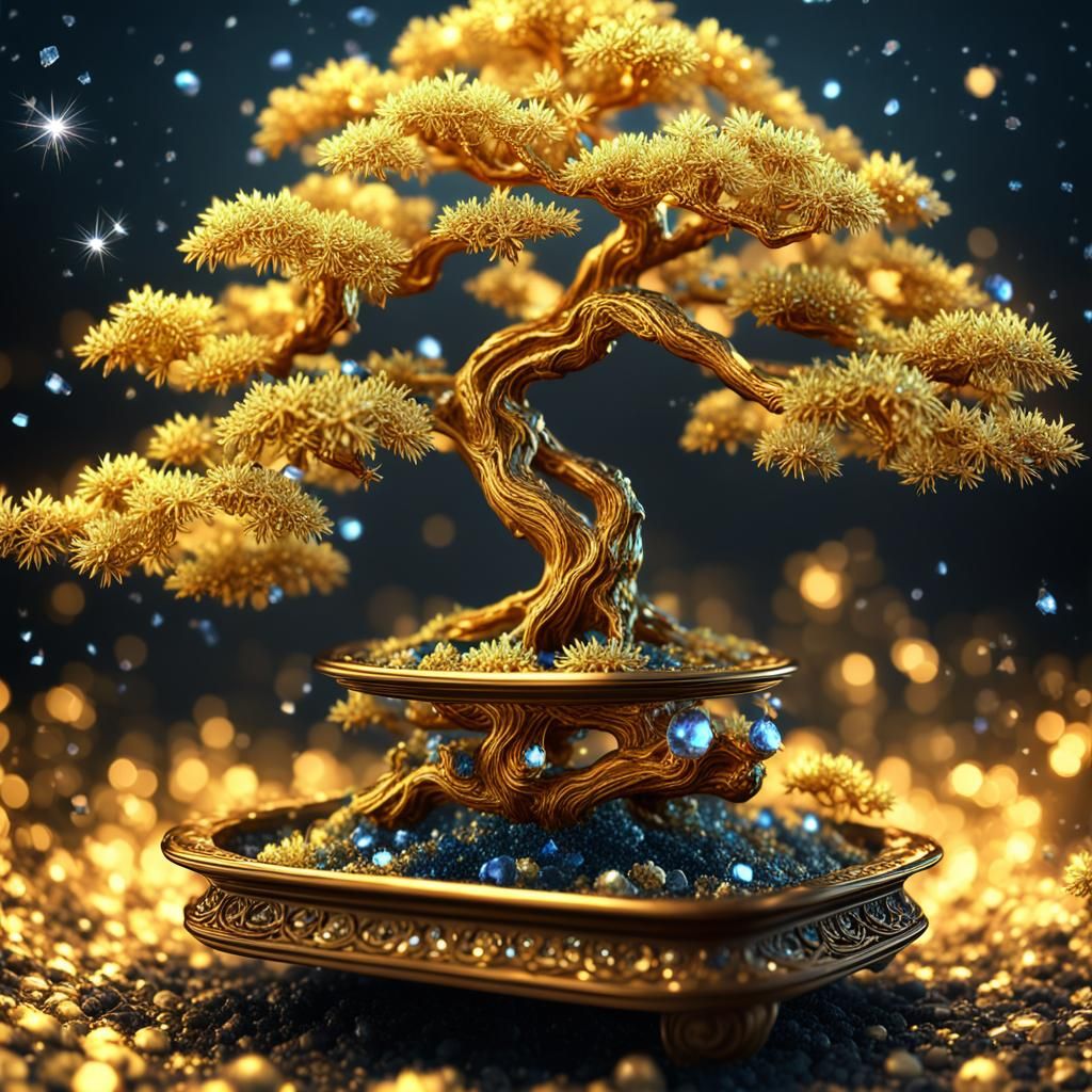 Gold Bonsai Tree with Gems in Hyperrealistic 3D
