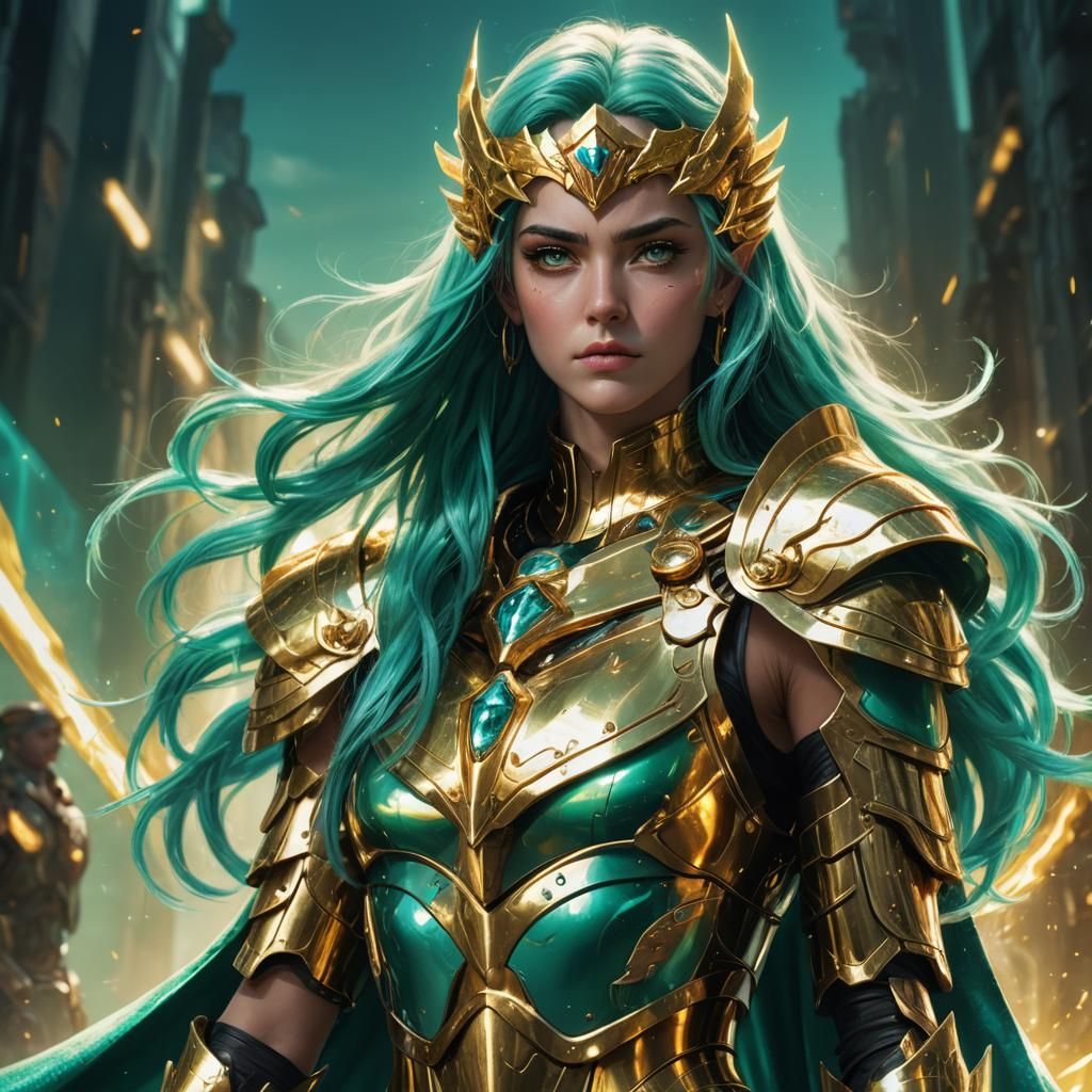 Golden Armored Woman with Green Cape Sci-Fi Portrait