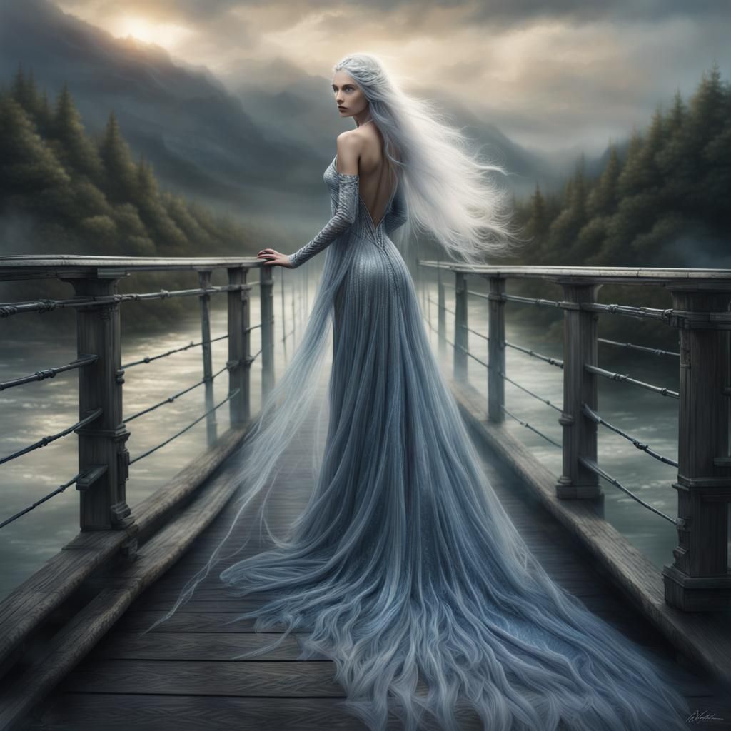 Silver-Haired Woman on Bridge in Digital Matte Painting