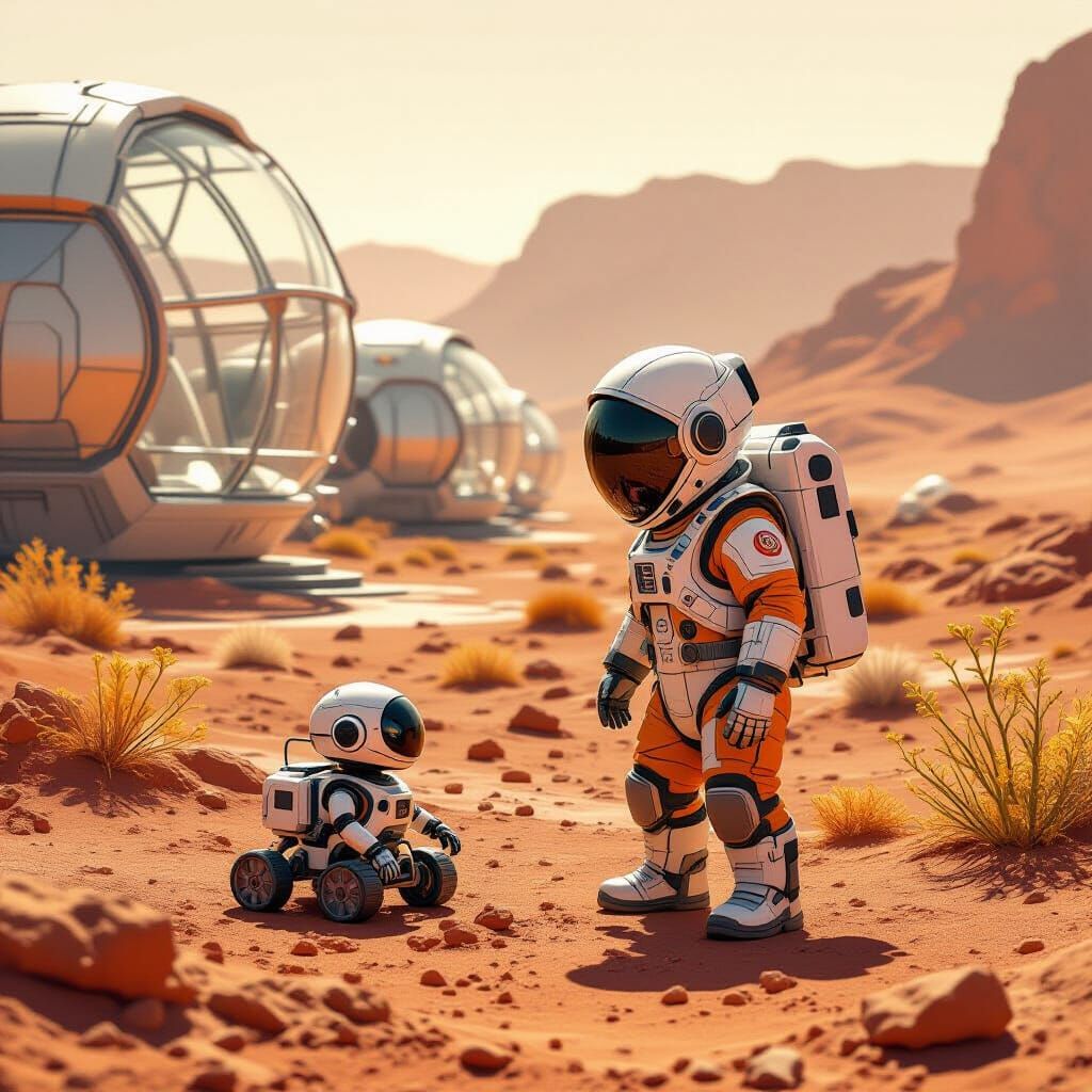 Child Plays With Robot on Mars in Sci-Fi Illustration Style