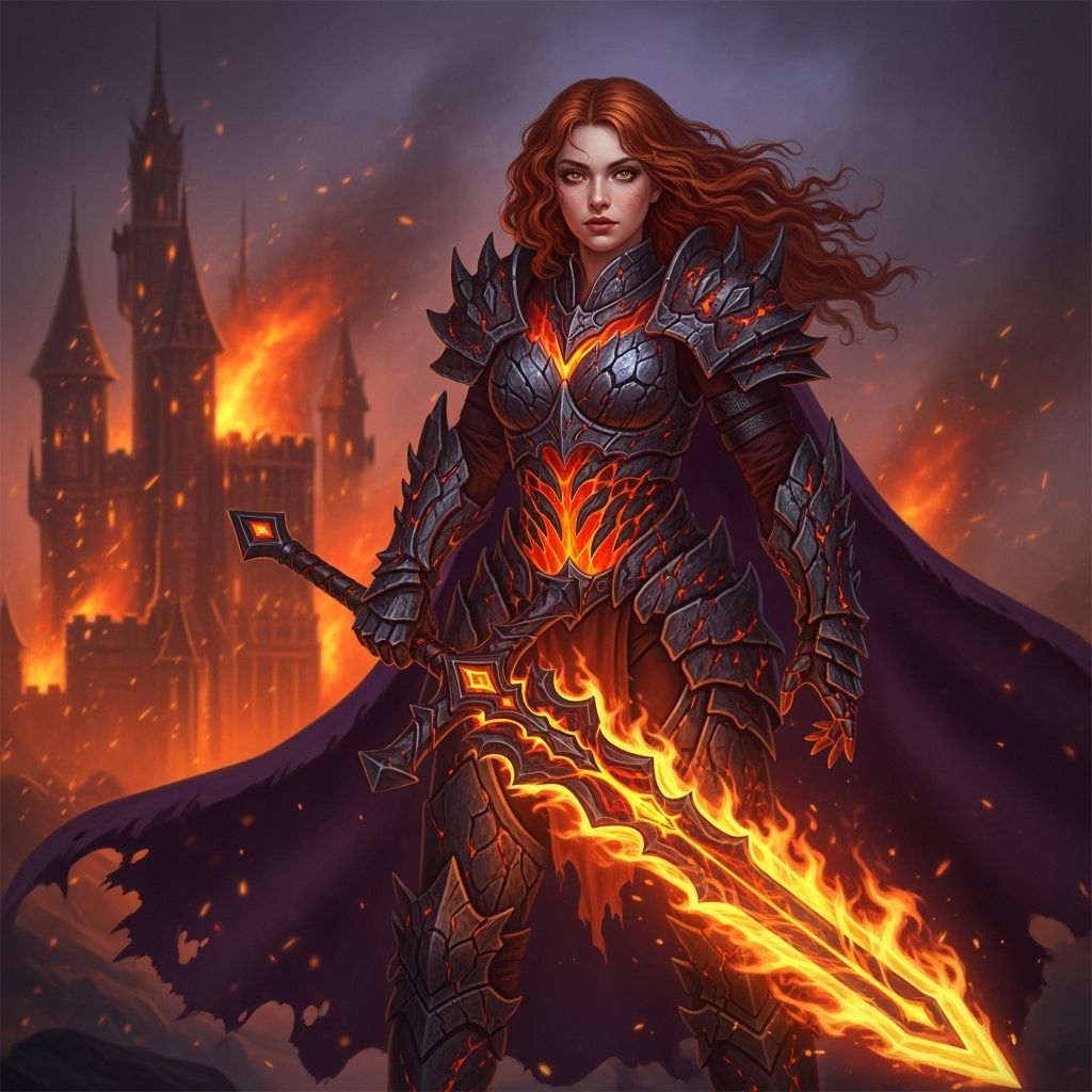 Fiery Warrior Woman in Molten Rock Armor