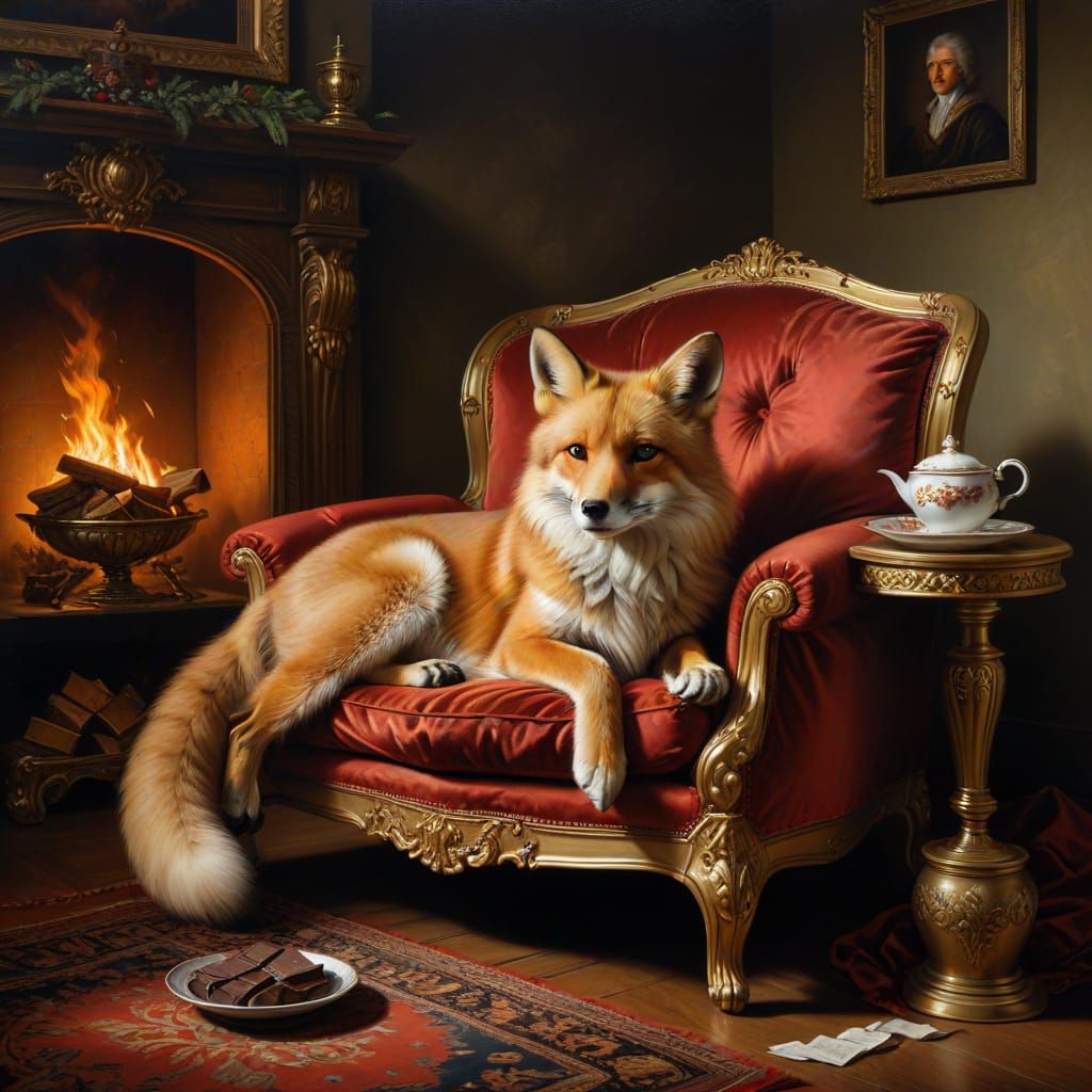 Regal Red Fox Lounges: A Baroque Oil Painting