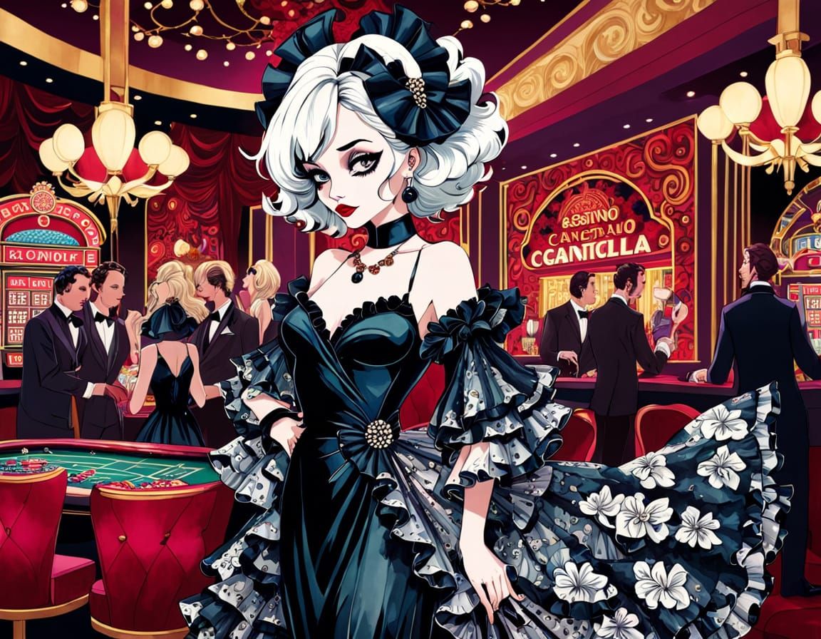Dark Luxury: Cruella in a Whimsical Casino Scene