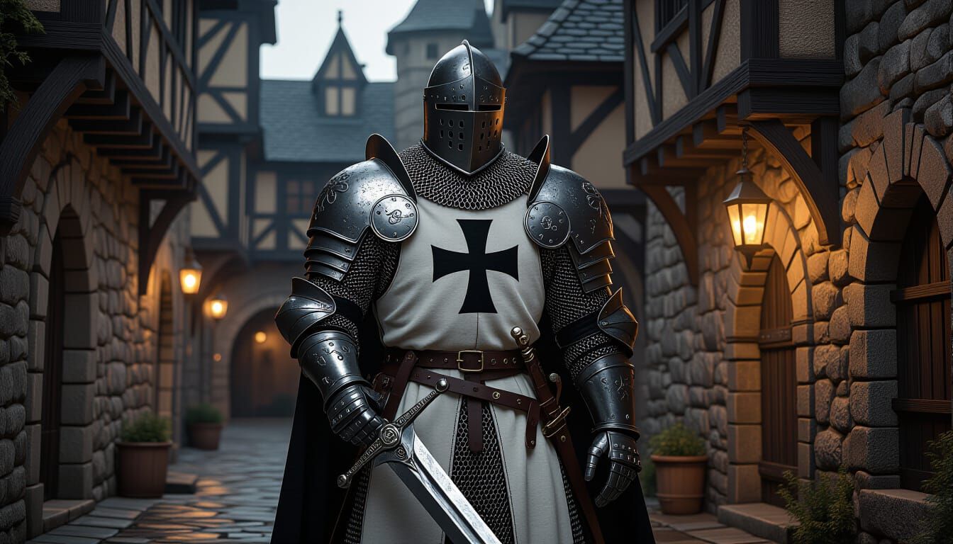 Teutonic Knight in Dark Medieval Alleyway