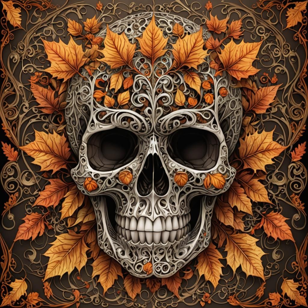 Fractal Autumn Skull in Intricate Zentangle Style