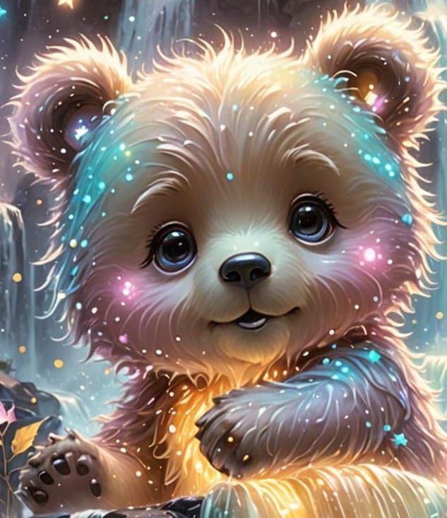 Chibi Bear Constellation over Bioluminescent Waterfall