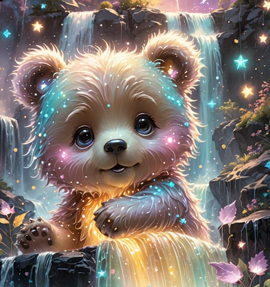 Chibi Bear Constellation over Bioluminescent Waterfall