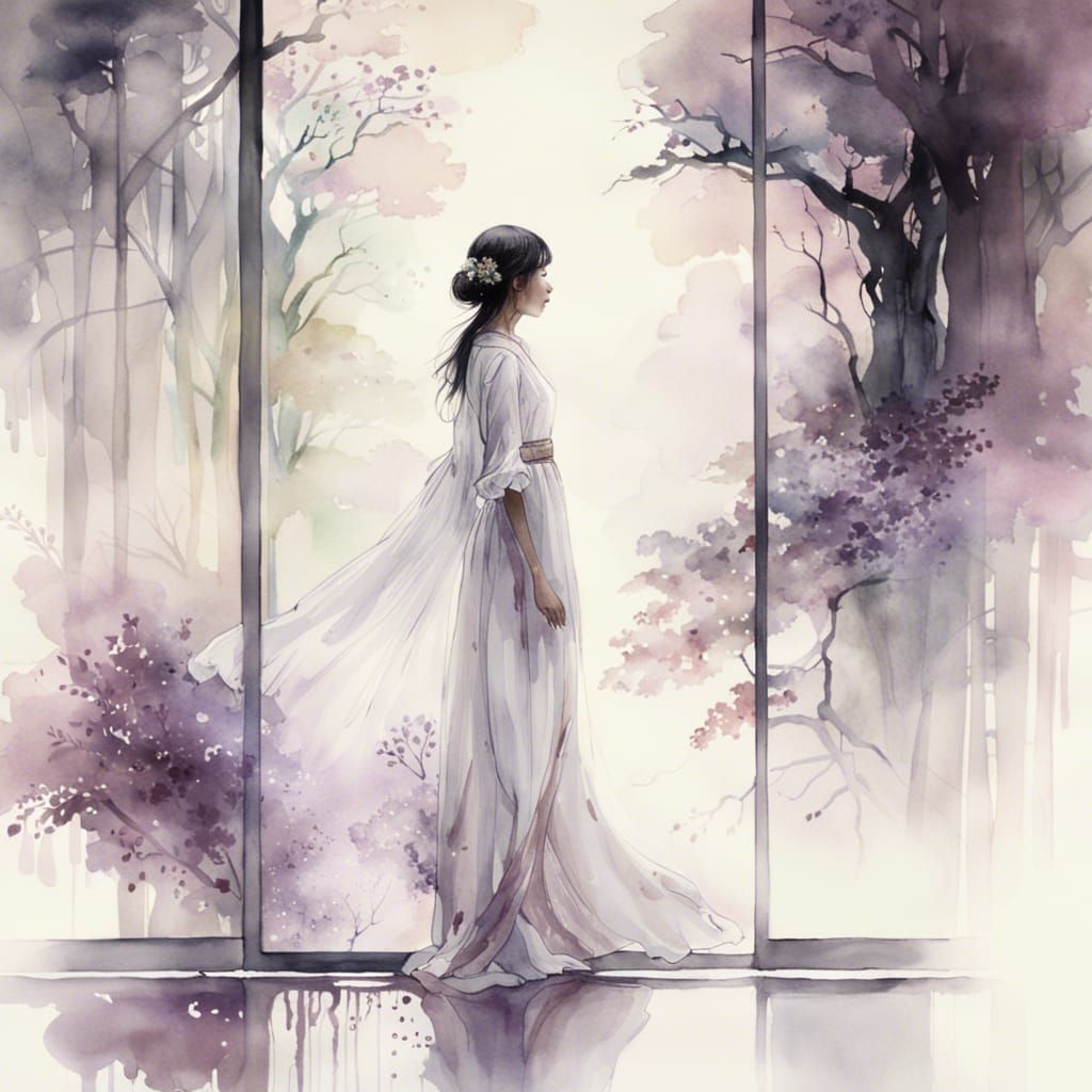 Ethereal Watercolor Portrait of Girl in Misty Forest