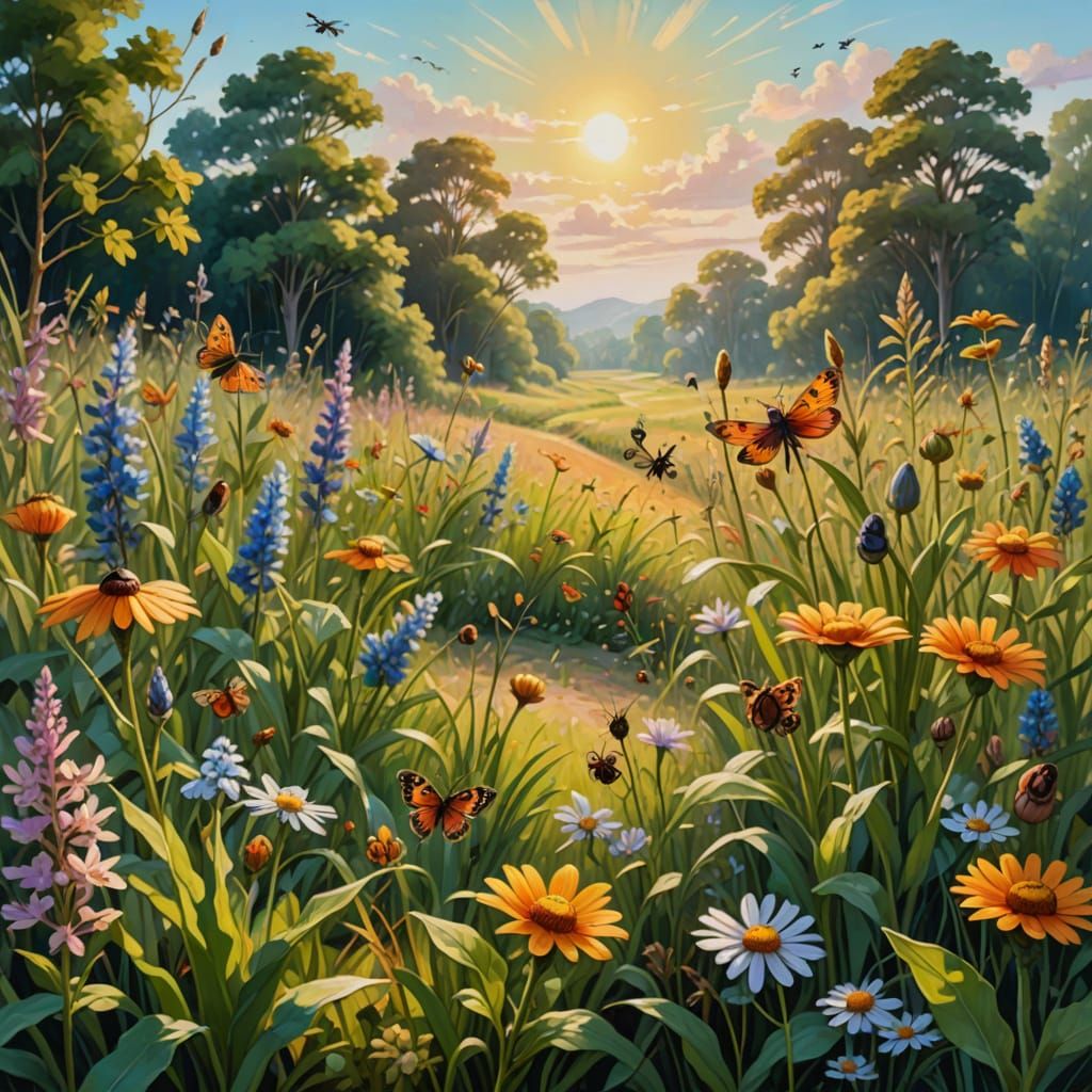 Vibrant Oil Painting of Flora and Insects in Soft Sunlight