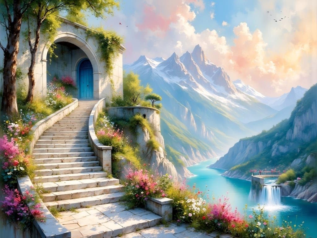 Dreamscape: White Path to Waterfall, Monet Bridge