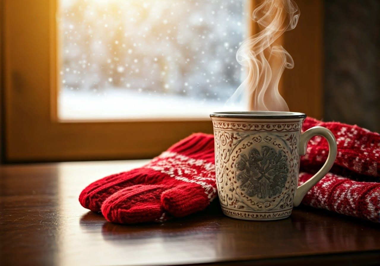 Cozy Winter Scene with Rich Hot Chocolate and Knitted Mitten...