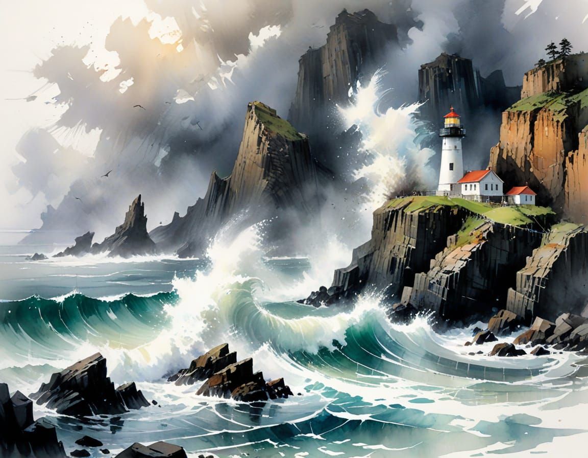Stormy Coastline with Lighthouse in Watercolor Style