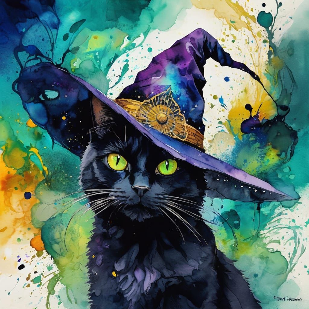 Vibrant Alcohol Ink Cat in Witch Hat with Mystical Glow