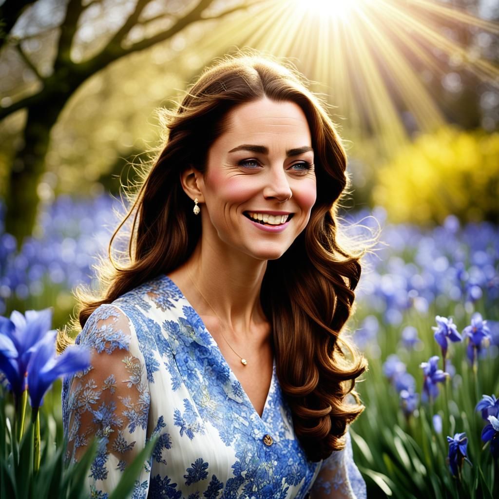 Smiling Woman in Garden of Daffodils and Irises
