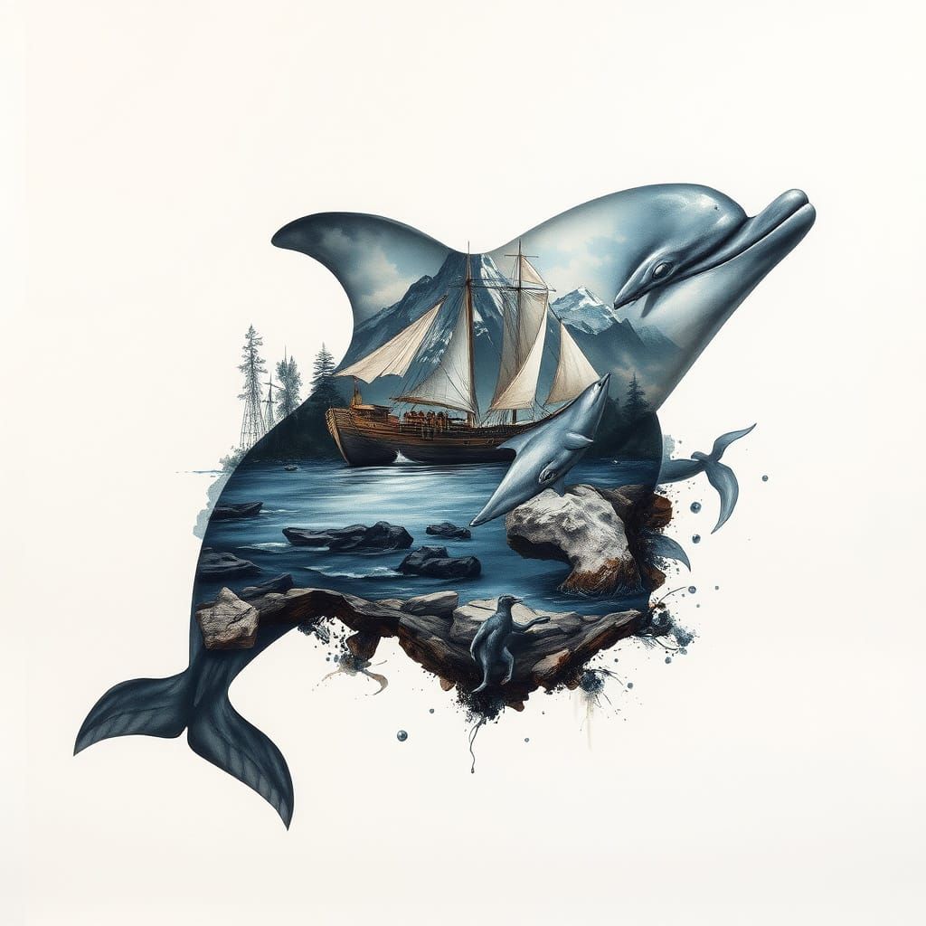 Detailed Dolphin Seascape in Mixed Media Style