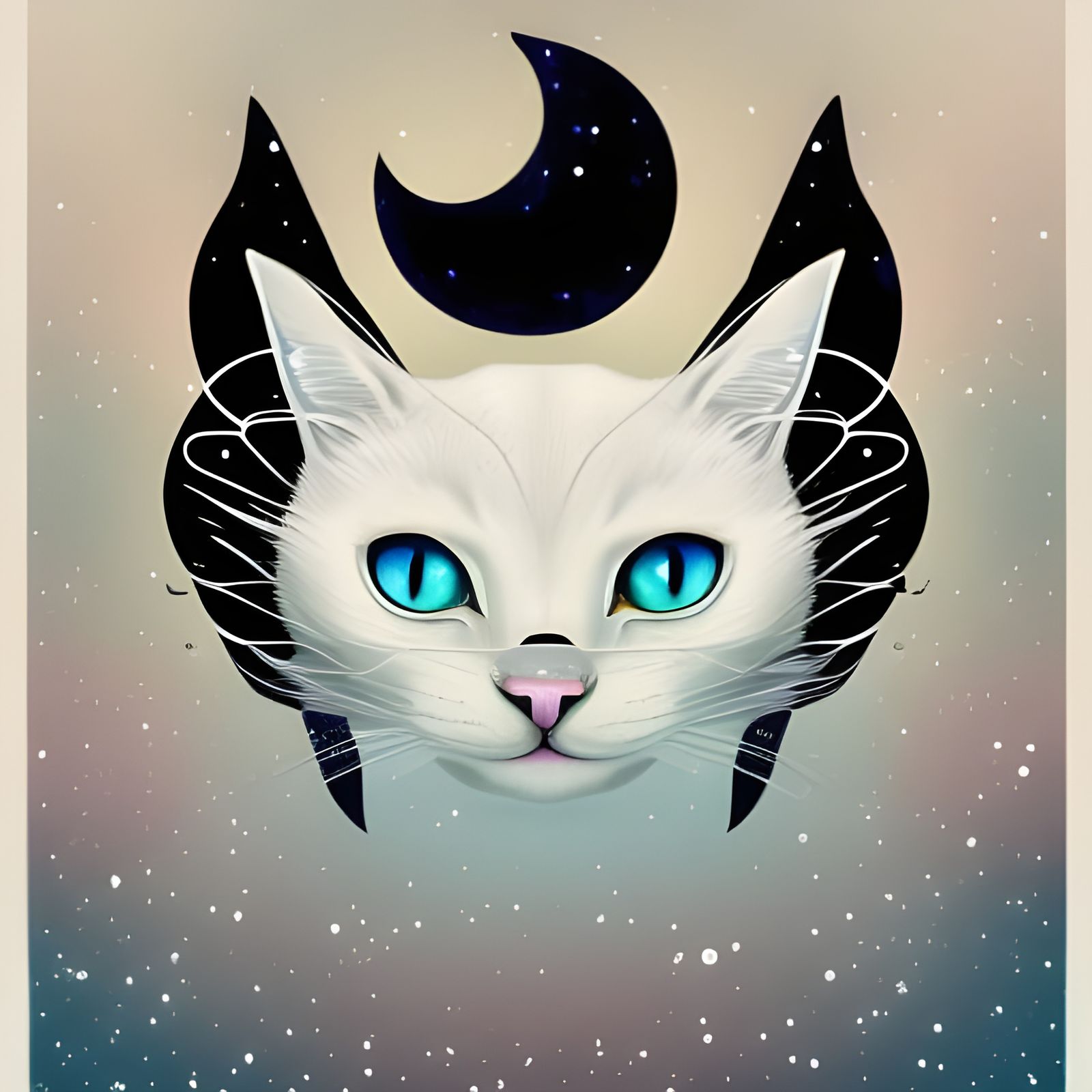 Cosmic White Cat with Crescent Moon Tattoo