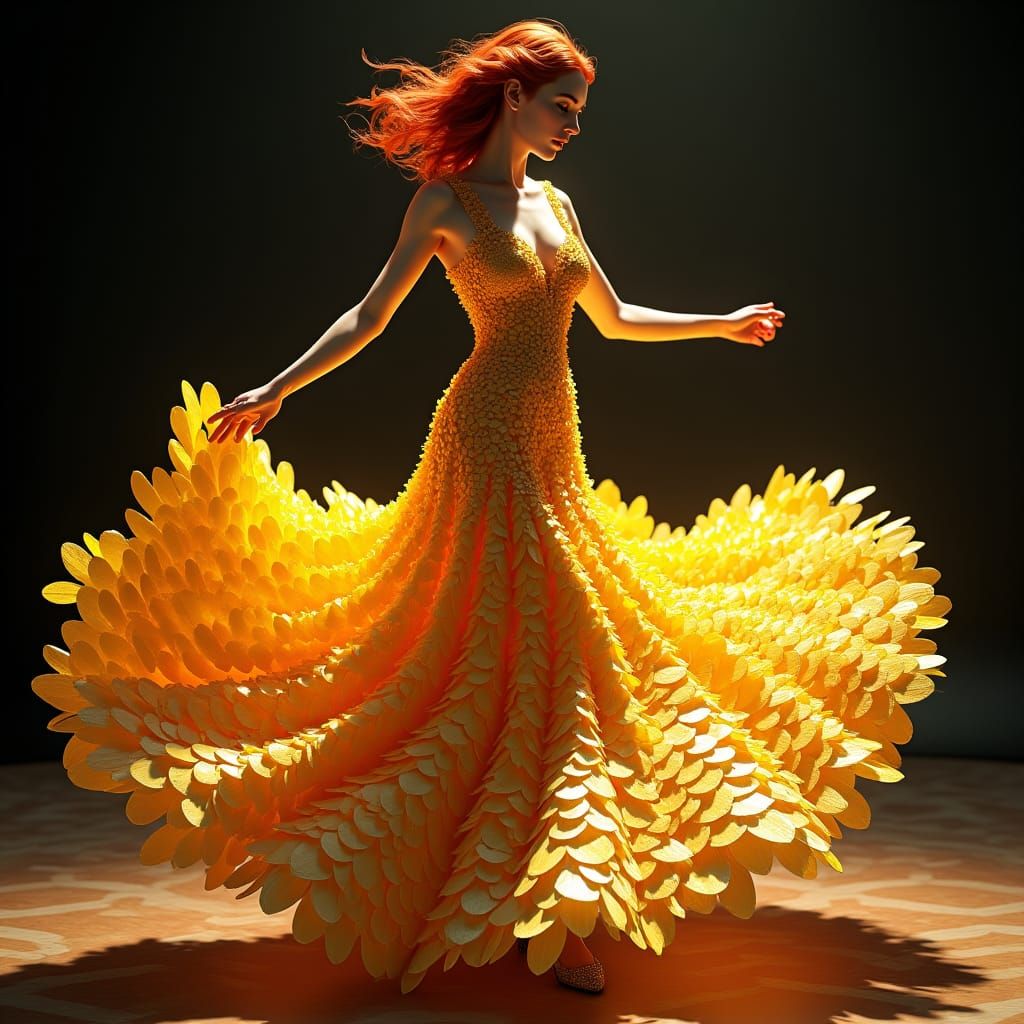 Redhead Ballroom Dancer in Metallic Leaf Gown